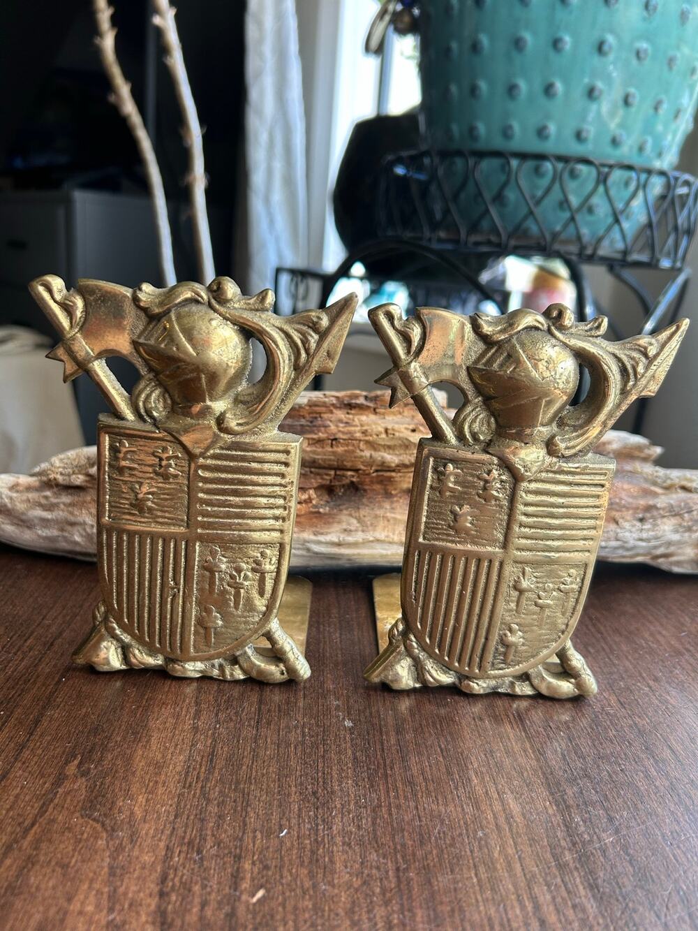Vintage Medieval Knight Coat of Arms brass bookends Shield Sexton
